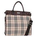 BURBERRY Nova Check Tote Bag Canvas Leather 2way Beige Silver Auth bs34550-1
