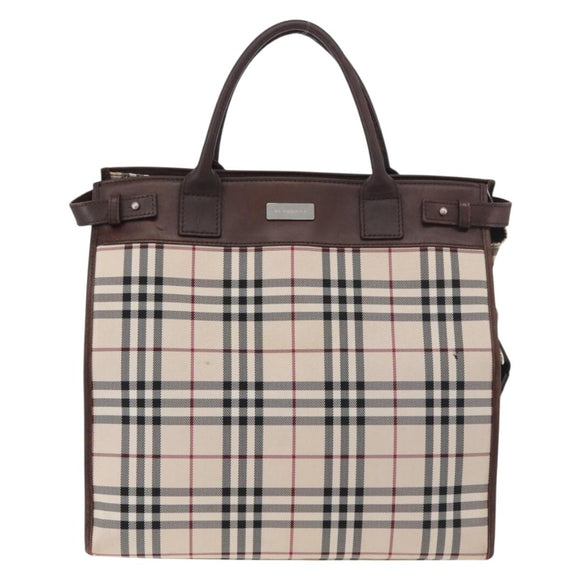 BURBERRY Nova Check Tote Bag Canvas Leather 2way Beige Silver Auth bs34550