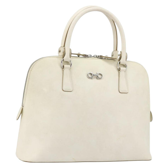 Salvatore Ferragamo Gancini Hand Bag Leather White Silver Auth bs34555