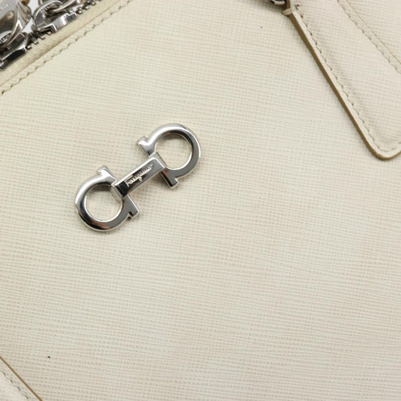 Salvatore Ferragamo Gancini Hand Bag Leather White Silver Auth bs34555