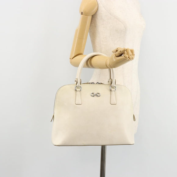 Salvatore Ferragamo Gancini Hand Bag Leather White Silver Auth bs34555