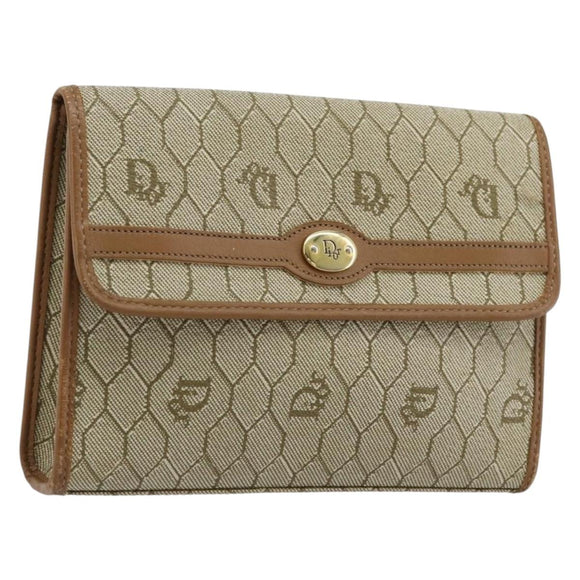 Christian Dior Honeycomb Canvas Pouch PVC Leather Beige Gold Auth bs34559A