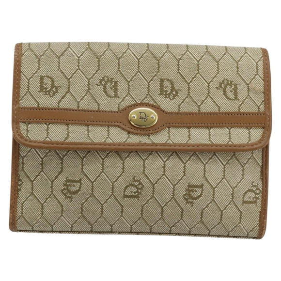 Christian Dior Honeycomb Canvas Pouch PVC Leather Beige Gold Auth bs34559A