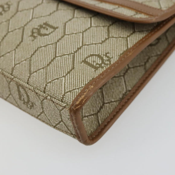 Christian Dior Honeycomb Canvas Pouch PVC Leather Beige Gold Auth bs34559A