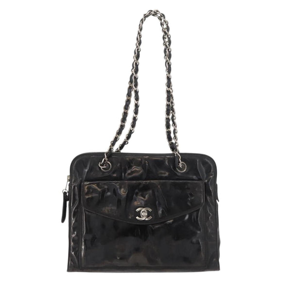 CHANEL Chain Shoulder Bag Patent leather Black Silver CC Auth bs34564
