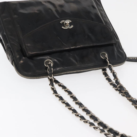 CHANEL Chain Shoulder Bag Patent leather Black Silver CC Auth bs34564