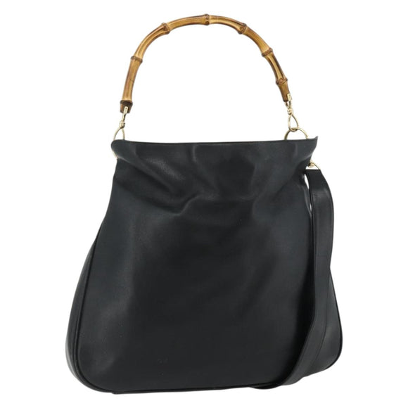 GUCCI Bamboo Shoulder Bag Leather 2way Black Gold 001 2404 1577 Auth bs34581