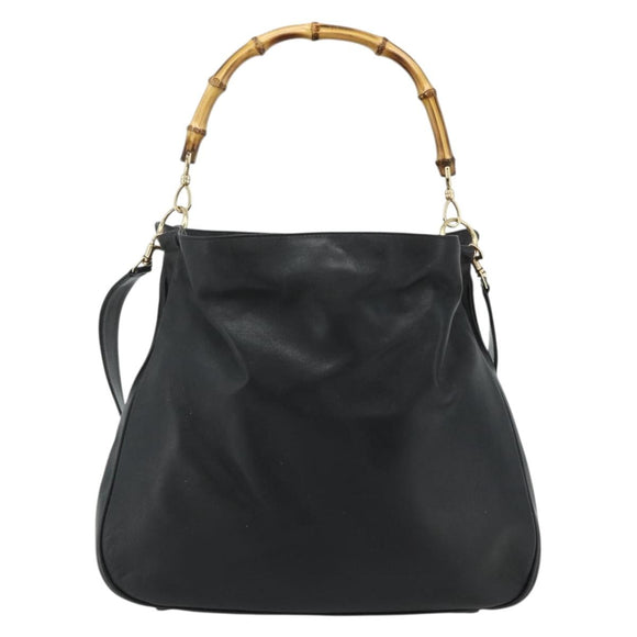 GUCCI Bamboo Shoulder Bag Leather 2way Black Gold 001 2404 1577 Auth bs34581