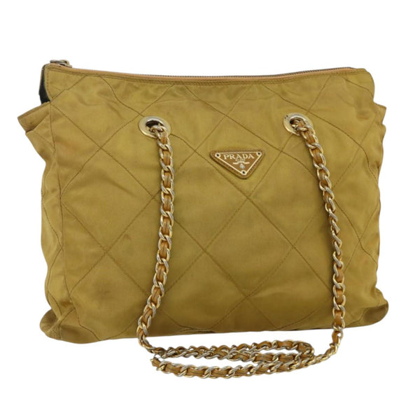 PRADA Chain Shoulder Bag Nylon Beige Gold Auth bs34596