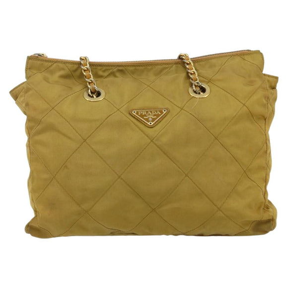 PRADA Chain Shoulder Bag Nylon Beige Gold Auth bs34596