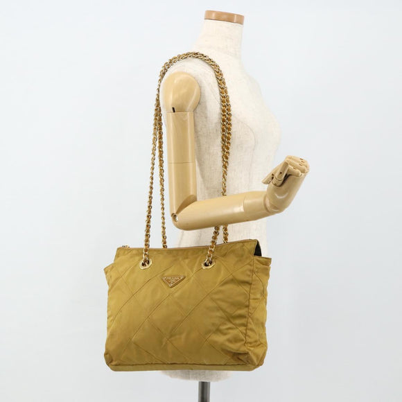 PRADA Chain Shoulder Bag Nylon Beige Gold Auth bs34596