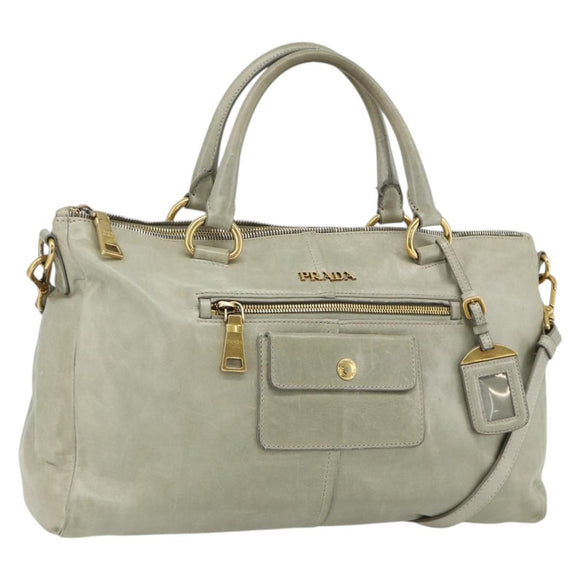 PRADA Handtas Leer 2way Grijs Goud Auth bs34637