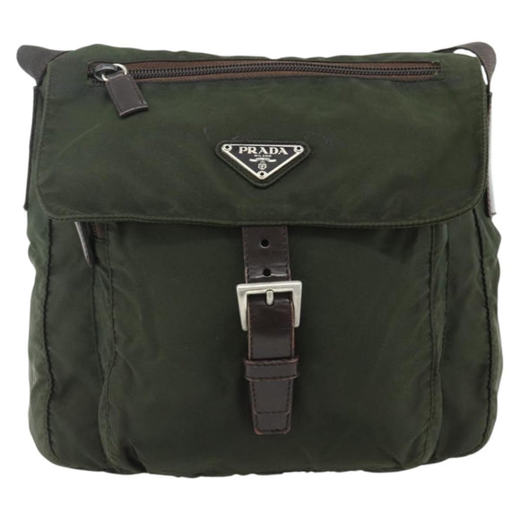 PRADA Shoulder Bag Nylon Khaki Silver Auth bs34648