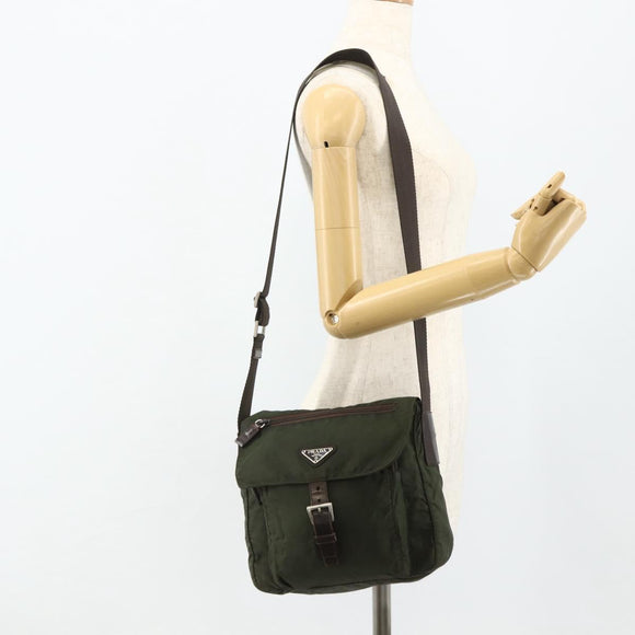 PRADA Shoulder Bag Nylon Khaki Silver Auth bs34648