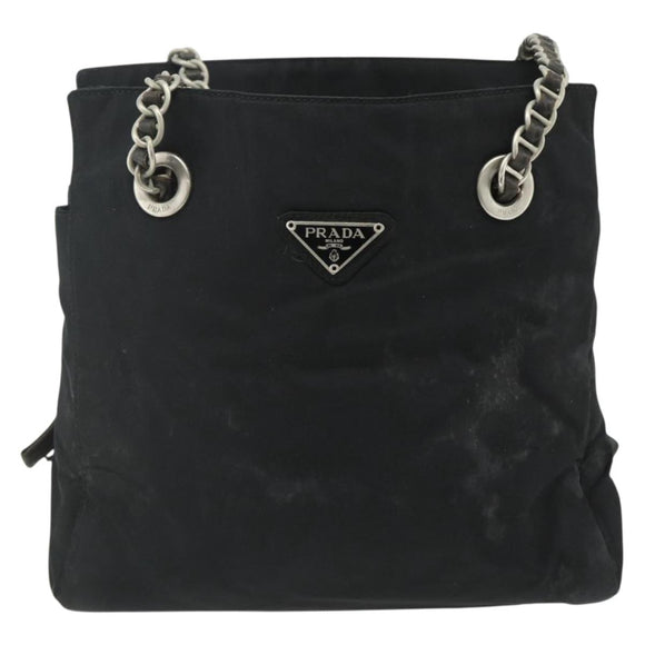 PRADA Chain Tote Bag Nylon Black Silver Auth bs34649