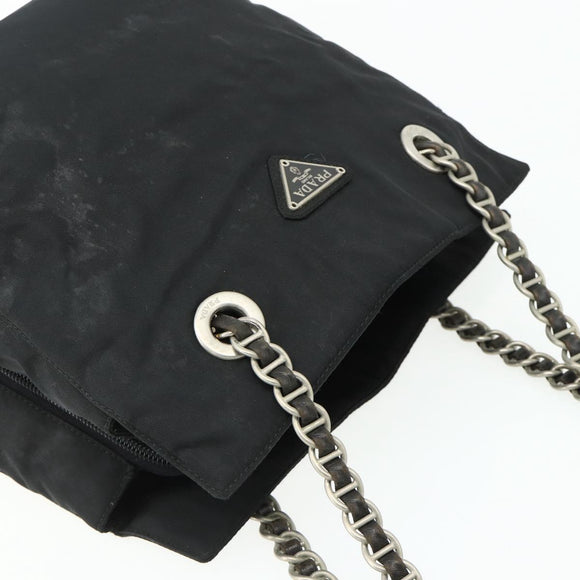 PRADA Chain Tote Bag Nylon Black Silver Auth bs34649