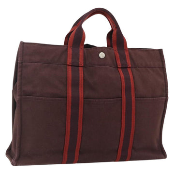 HERMES Fourre Tout MM Hand Bag Cotton Bordeaux Silver Auth bs34654