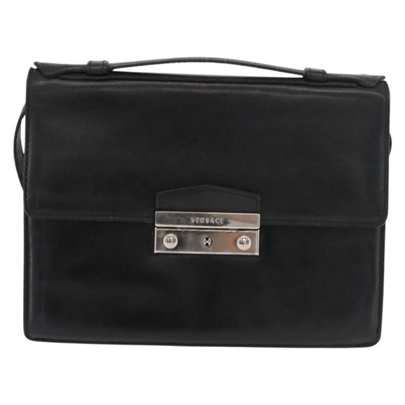 VERSACE Shoulder Bag Leather Black Silver Auth bs34660