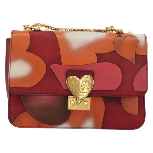VALENTINO Chain Shoulder Bag Leather Red Gold Auth bs34661A