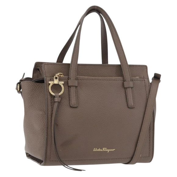 Salvatore Ferragamo Gancini Hand Bag Leather 2way Brown Gold Auth bs34669