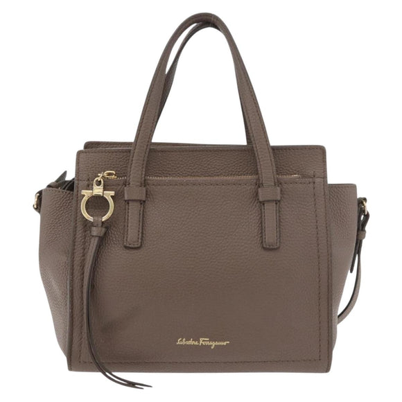Salvatore Ferragamo Gancini Hand Bag Leather 2way Brown Gold Auth bs34669