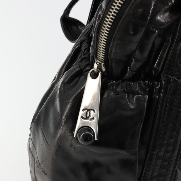 CHANEL Matelasse Hand Bag Patent leather Black Silver CC Auth bs34670