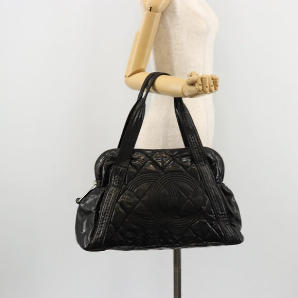 CHANEL Matelasse Hand Bag Patent leather Black Silver CC Auth bs34670
