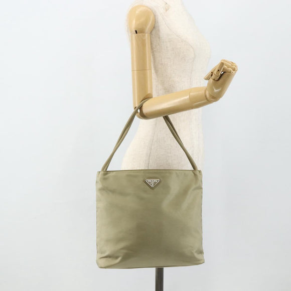 PRADA Hand Bag Nylon Beige Silver Auth bs34678