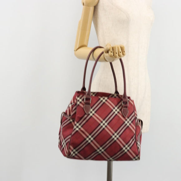 BURBERRY Nova Check Blue Label Hand Bag Nylon Red Silver Auth bs34679