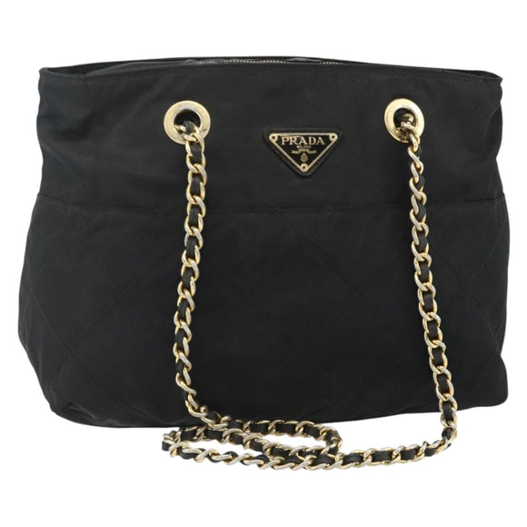 PRADA Chain Tote Bag Nylon Zwart Goud Auth bs34690