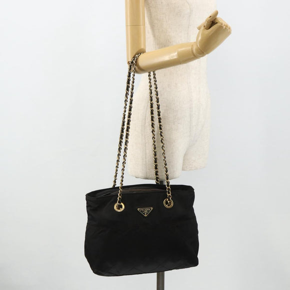 PRADA Chain Tote Bag Nylon Zwart Goud Auth bs34690