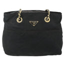 PRADA Chain Tote Bag Nylon Zwart Goud Auth bs34690-13