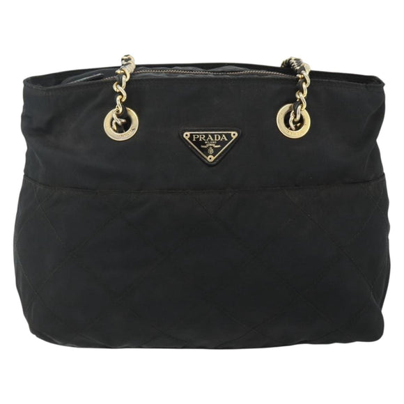 PRADA Chain Tote Bag Nylon Zwart Goud Auth bs34690