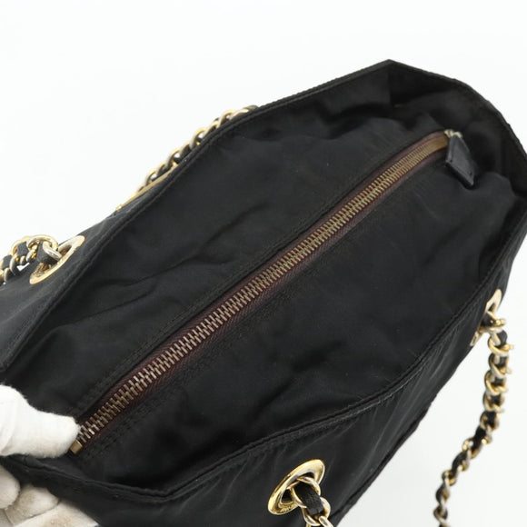 PRADA Chain Tote Bag Nylon Zwart Goud Auth bs34690
