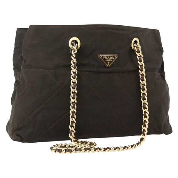PRADA Chain Tote Bag Nylon Brown Gold Auth bs34691