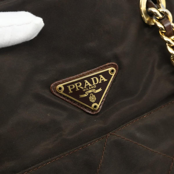 PRADA Chain Tote Bag Nylon Brown Gold Auth bs34691