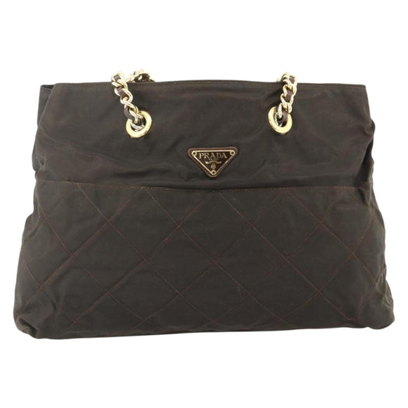 PRADA Chain Tote Bag Nylon Brown Gold Auth bs34691
