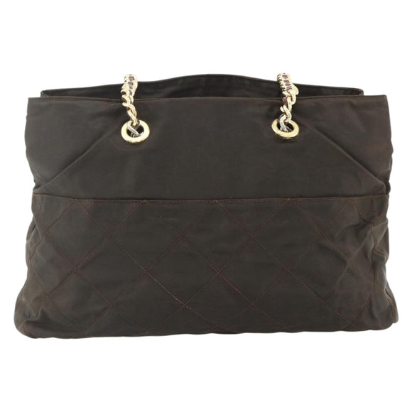 PRADA Chain Tote Bag Nylon Brown Gold Auth bs34691
