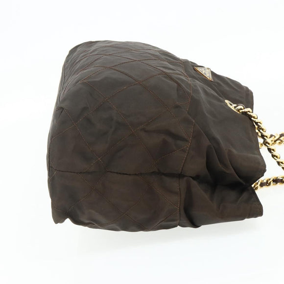 PRADA Chain Tote Bag Nylon Brown Gold Auth bs34691