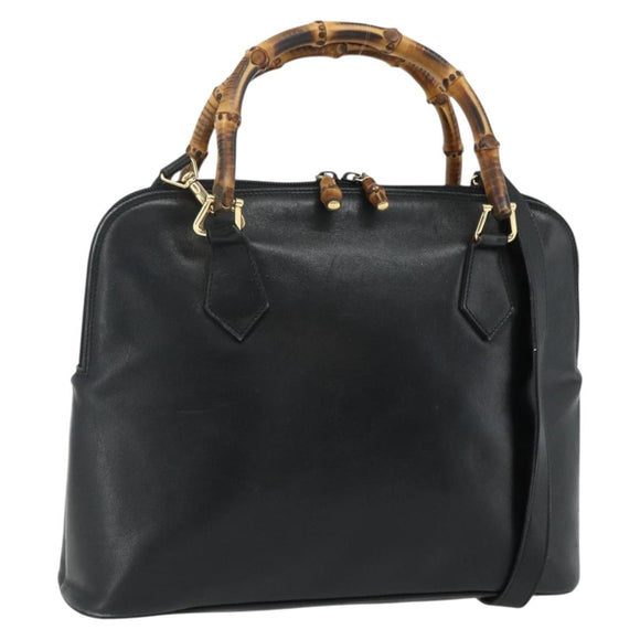 GUCCI Bamboo Hand Bag Leather 2 Set Black Gold 000 1448 0289 Auth bs34727