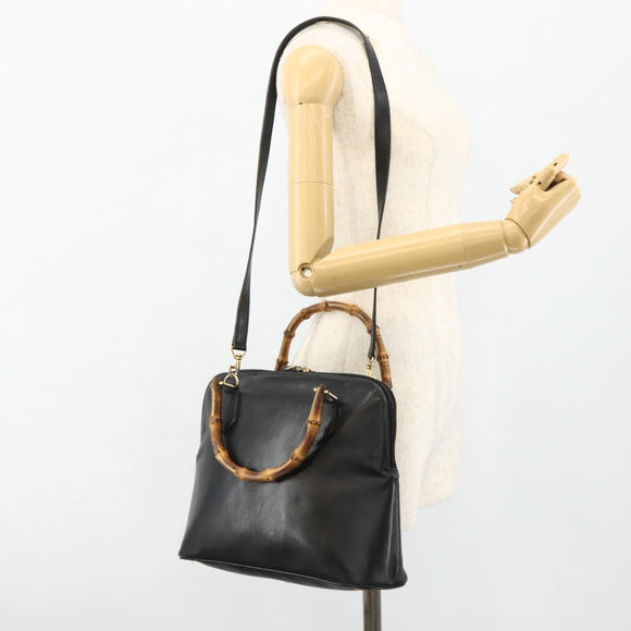 GUCCI Bamboo Hand Bag Leather 2 Set Black Gold 000 1448 0289 Auth bs34727
