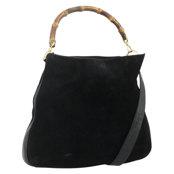 GUCCI Bamboo Hand Bag Suede 2way Black Gold 001 1014 1577 Auth bs34728
