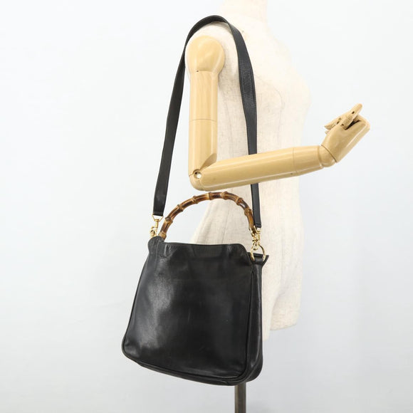 GUCCI Bamboo Shoulder Bag Leather 2way Black Gold Auth bs34729