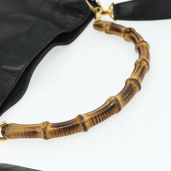 GUCCI Bamboo Shoulder Bag Leather 2way Black Gold Auth bs34729