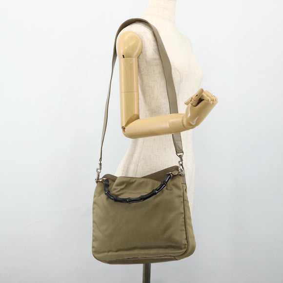 GUCCI Bamboo Shoulder Bag Nylon 2way Khaki Silver 001 1638 Auth bs34731