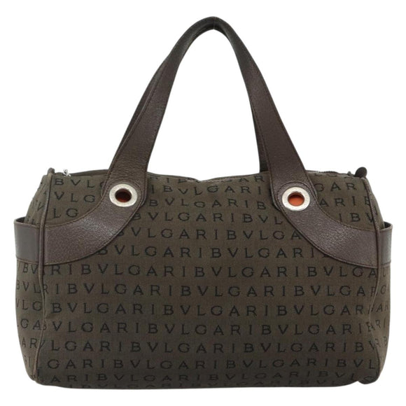 BVLGARI Logo Mania Hand Bag Canvas Brown Silver Auth bs34748