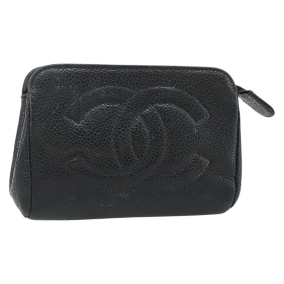 CHANEL Coin Purse Caviar Skin Black Gold CC Auth bs34754