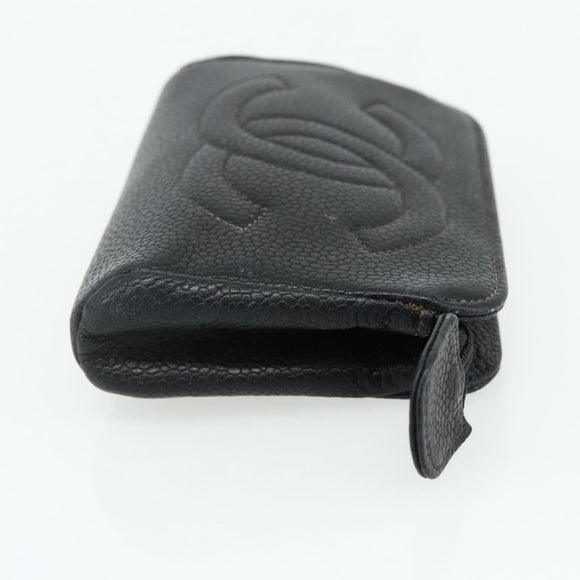CHANEL Coin Purse Caviar Skin Black Gold CC Auth bs34754