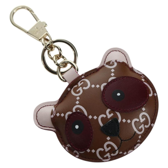 GUCCI GG Embossed Leather Panda Bag Charm Leather Brown Gold Auth bs34757M