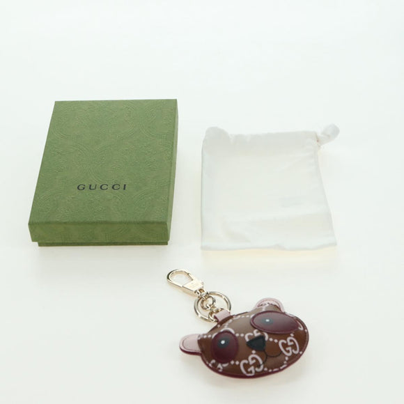 GUCCI GG Embossed Leather Panda Bag Charm Leather Brown Gold Auth bs34757M